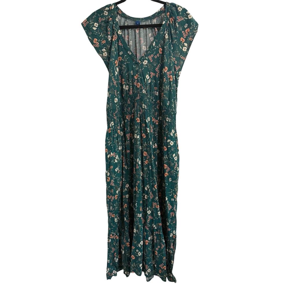 Old Navy XL Green Floral Maxi Dress Smocked Waist V-Neck Boho Cottagecore
